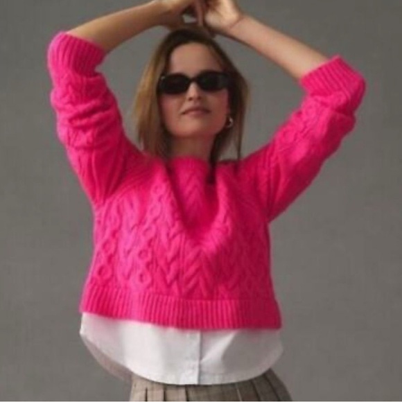 DESIGN HISTORY size L EUC bright pink sweater with white layered trim - Picture 1 of 6